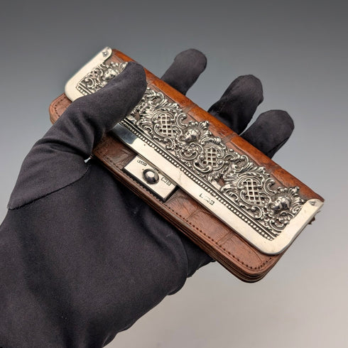 1900年頃 英国アンティーク 純銀装飾 小型革財布 小銭入れ Edward Langridge